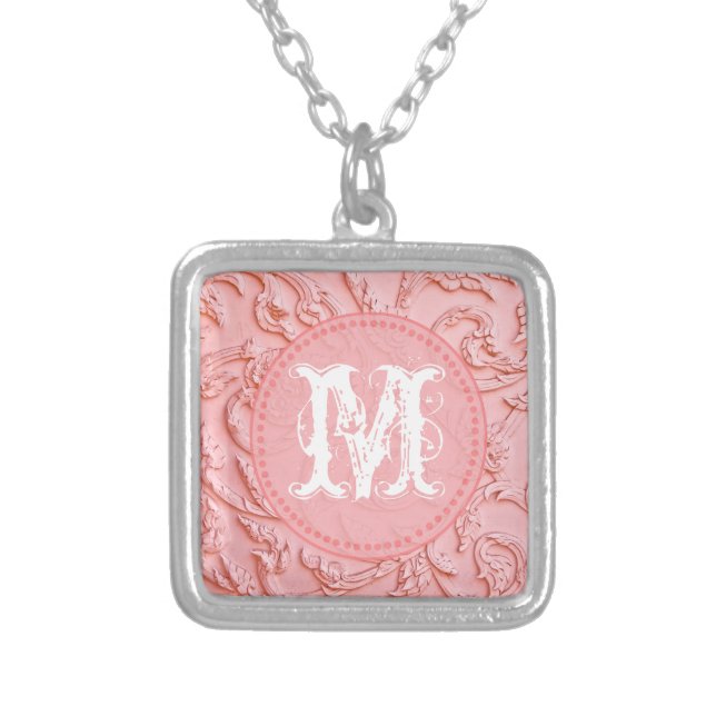 Pink Filigree Wood Carving Flora Monogram Necklace (Front)