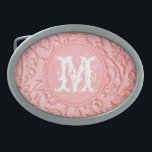 Pink Filigree Wood Carving Monogram Belt Buckle<br><div class="desc">Pink Filigree Wood Carving Floral Glam Glamour Swirl Monogram Initial Belt Buckle Personalized</div>
