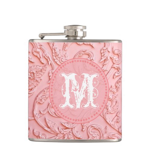 Pink Filigree Wood Carving Monogram Whiskey Flask