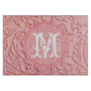 Pink Filigree Wood Monogram Glass Cutting Board
