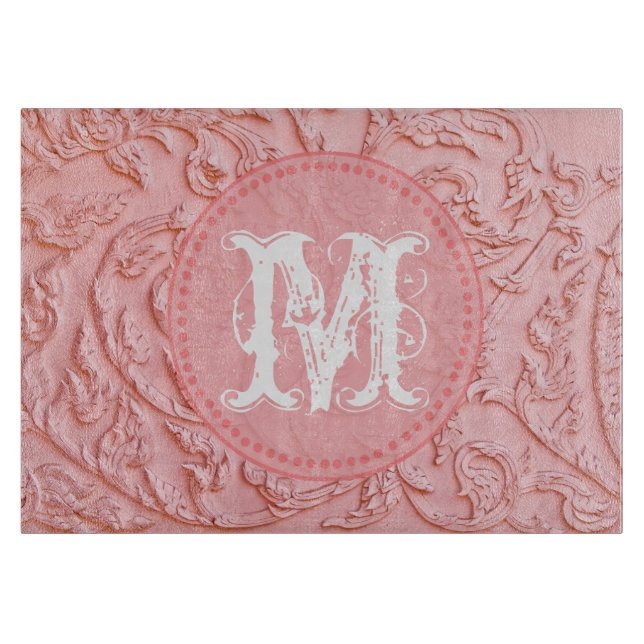 Pink Filigree Wood Monogram Glass Cutting Board (Front)