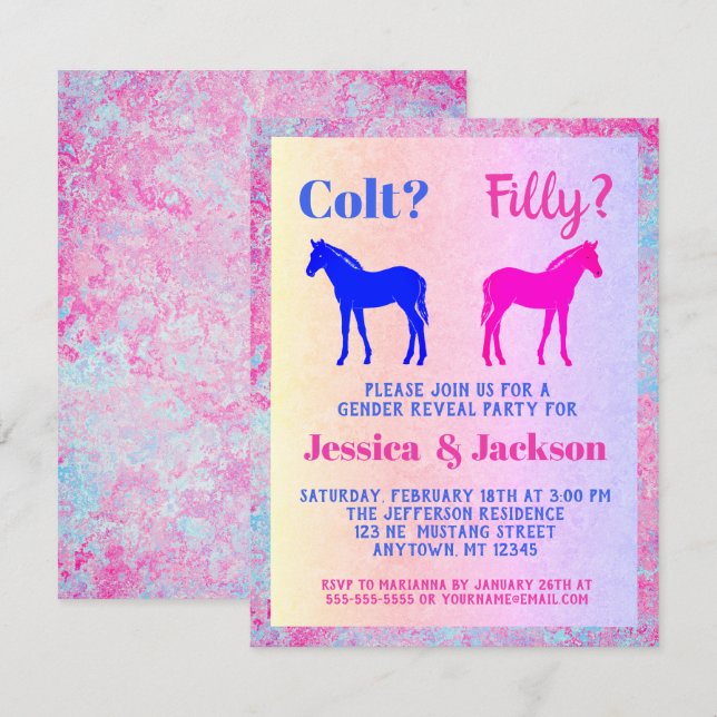 Pink Filly & Blue Colt Western Style Gender Reveal Invitation (Front/Back)