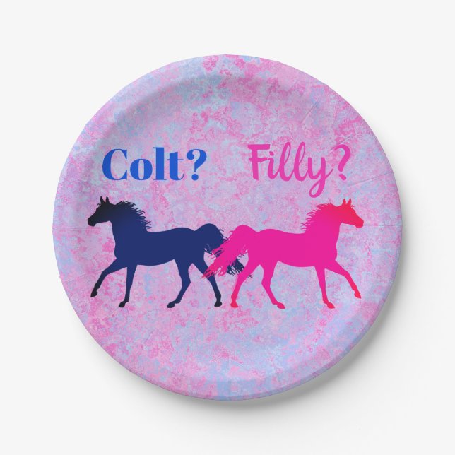 Pink Filly & Blue Colt Western Style Gender Reveal Paper Plates (Front)