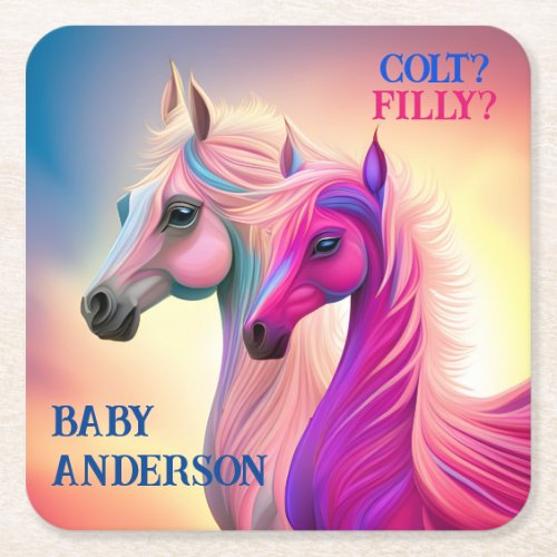 Pink Filly  Blue Colt Western Style Gender Reveal Square Paper Coaster