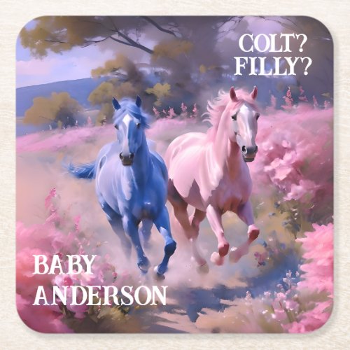 Pink Filly  Blue Colt Western Style Gender Reveal Square Paper Coaster