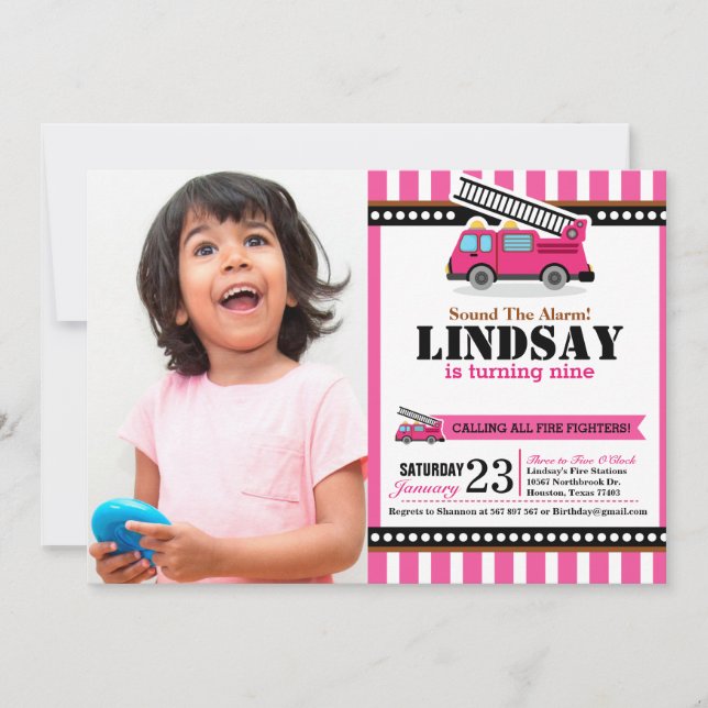 Pink Fire Engine Birthday Party Photo Invitation (Front)