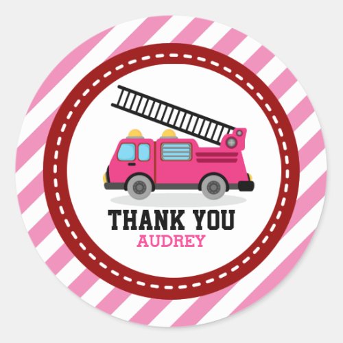 Pink Fire Engine Truck Party Thank You Favor Classic Round Sticker