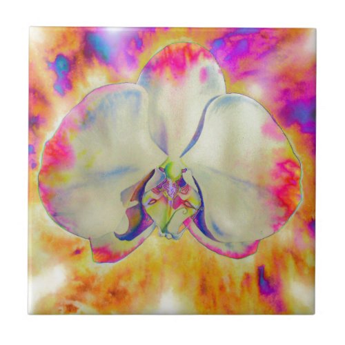 Pink Fire Orchid surreal funky watercolor florals  Tile