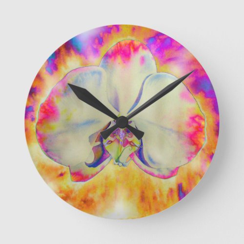 Pink Fire Orchid  surreal watercolor florals  Round Clock