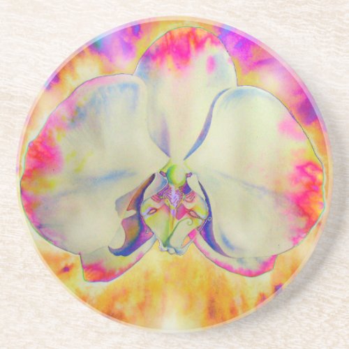 Pink Fire Orchid  surreal watercolor florals  Sandstone Coaster