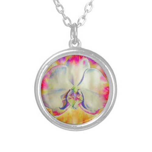 Pink Fire Orchid  surreal watercolor florals  Silver Plated Necklace