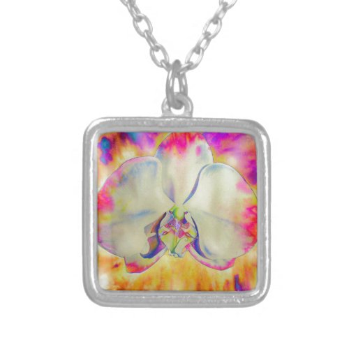 Pink Fire Orchid  surreal watercolor florals  Silver Plated Necklace