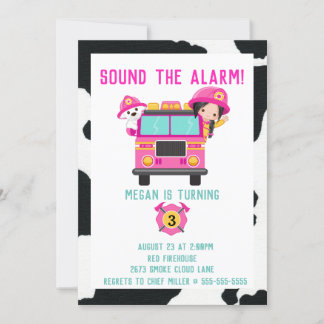 Pink Fire Truck Kids Firefighter Invitation