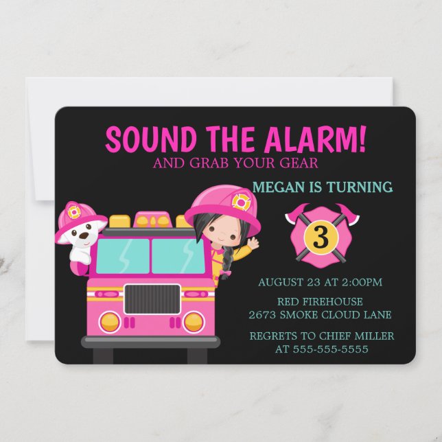 Pink Fire Truck Kids Firefighter Invitation (Front)