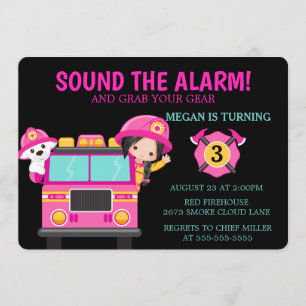 Pink Fire Truck Kids Firefighter Invitation