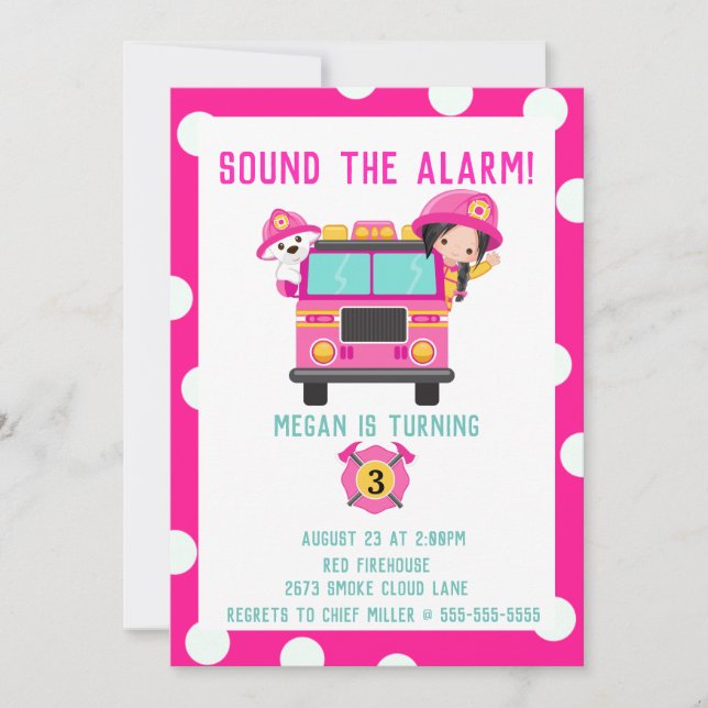 Pink Fire Truck Kids Firefighter Invitation (Front)