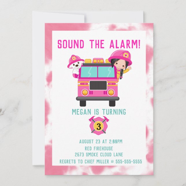 Pink Fire Truck Kids Firefighter Invitation (Front)