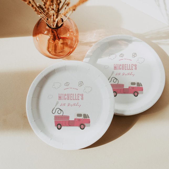 Pink Firetruck Birthday Paper Plates (Creator Uploaded)