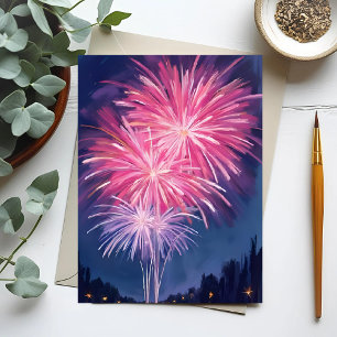 Pink Fireworks   Happy New Year Watercolor Postcard