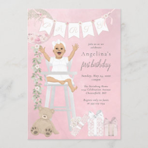 Pink First Birthday Baby Girl in Highchair Invitation