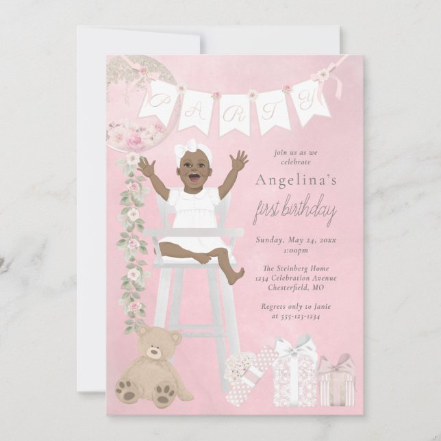 Pink First Birthday Baby Girl in Highchair Invitation (Front)