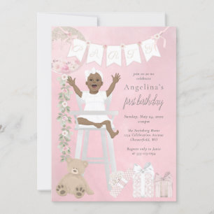 Pink First Birthday Baby Girl in Highchair Invitation