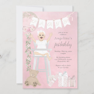 Pink First Birthday Baby Girl in Highchair Invitation