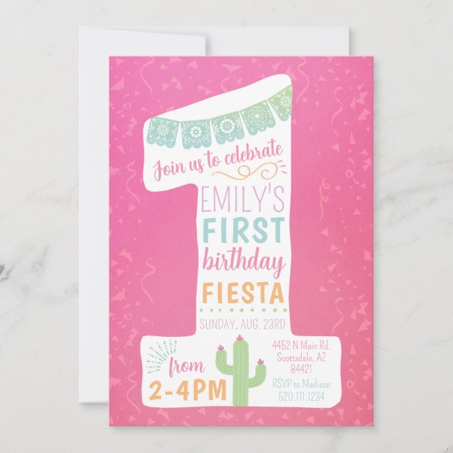 Pink First Birthday Fiesta Party Invitation (Front)