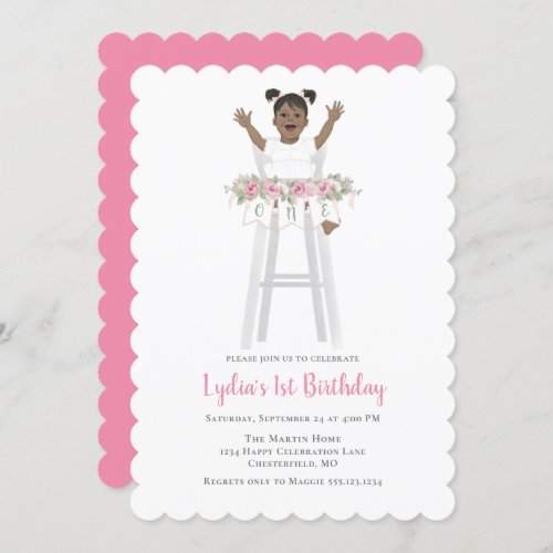 Pink First Birthday Girl High Chair Invitation