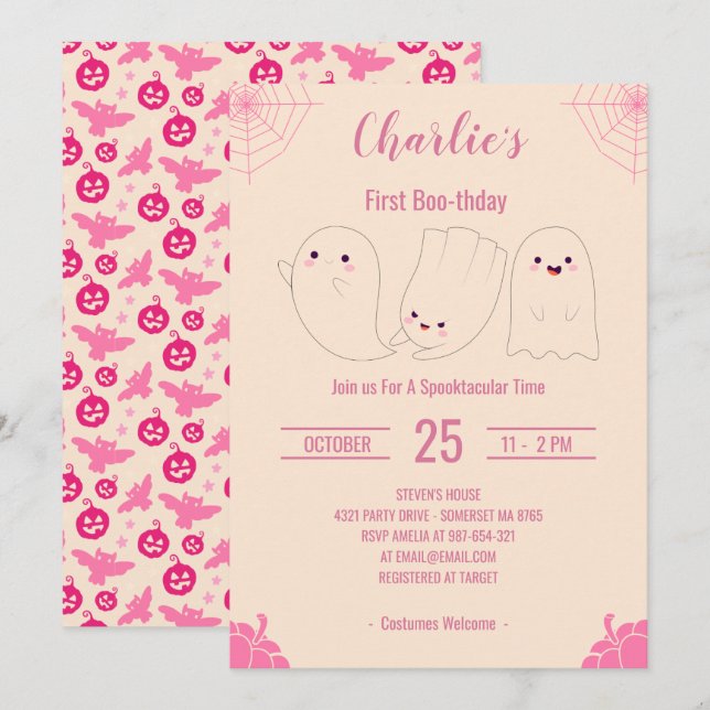 Pink First Boo-thday Custom Halloween Birthday Invitation (Front/Back)