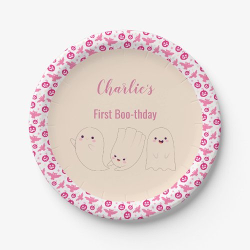 Pink First Boo_thday Halloween Ghost 1St Birthday Paper Plates