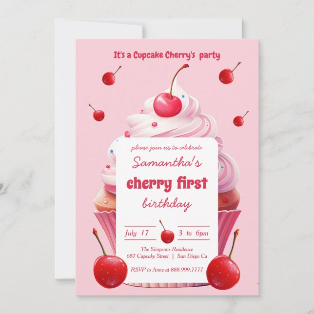 Pink First Cherry & Cupcake Birthday Party  Invitation (Front)
