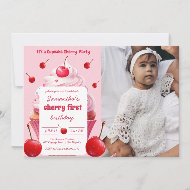 Pink First Cherry & Cupcake Birthday Party Photo Invitation (Front)