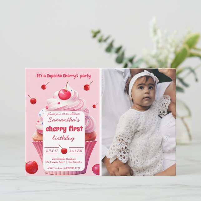 Pink First Cherry & Cupcake Birthday Party Photo Invitation (Standing Front)