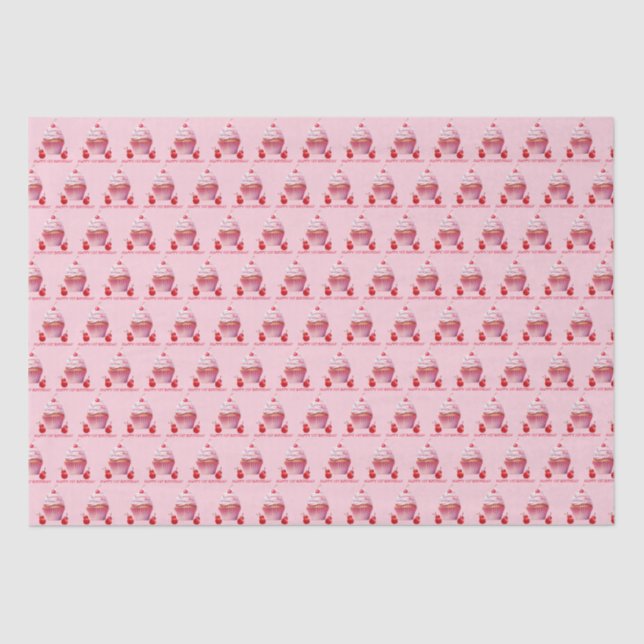 Pink First Cherry & Cupcake Birthday Party  Tissue Paper (Front)