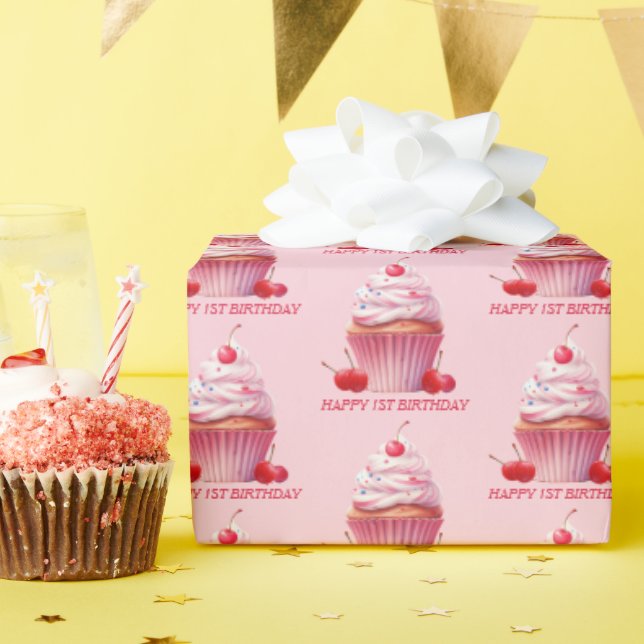 Pink First Cherry & Cupcake Birthday Party  Wrapping Paper (Birthday Party)