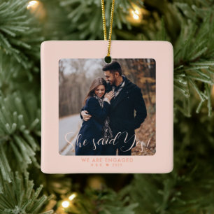 Pink First Christmas Engaged Couple Custom Photo Ceramic Ornament