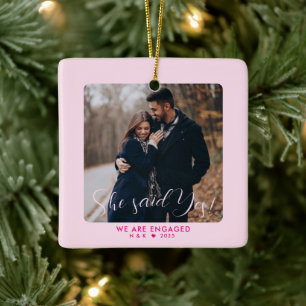 Pink First Christmas Engaged Couple Custom Photo Ceramic Ornament