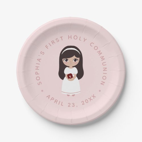 Pink First Communion Brunette Girl in White Dress  Paper Plates