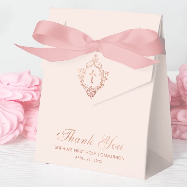 Pink First Communion Girl Elegant Rose Gold Crest  Favor Boxes (Tent favor box with pink meringues)
