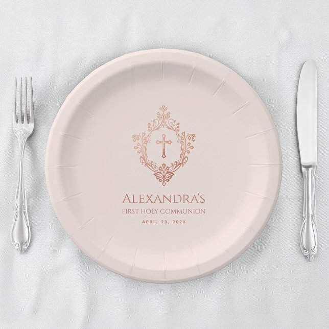 Pink First Communion Girl Elegant Rose Gold Crest  Paper Plates (Creator Uploaded)