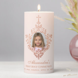 Pink First Communion Girl Photo Rose Gold Cross Pillar Candle