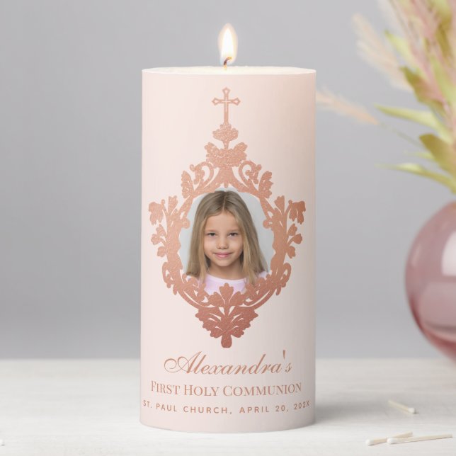 Pink First Communion Girl Photo Rose Gold Cross Pillar Candle (In Situ)