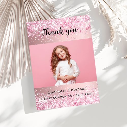 Pink first communion girl photo thank you card
