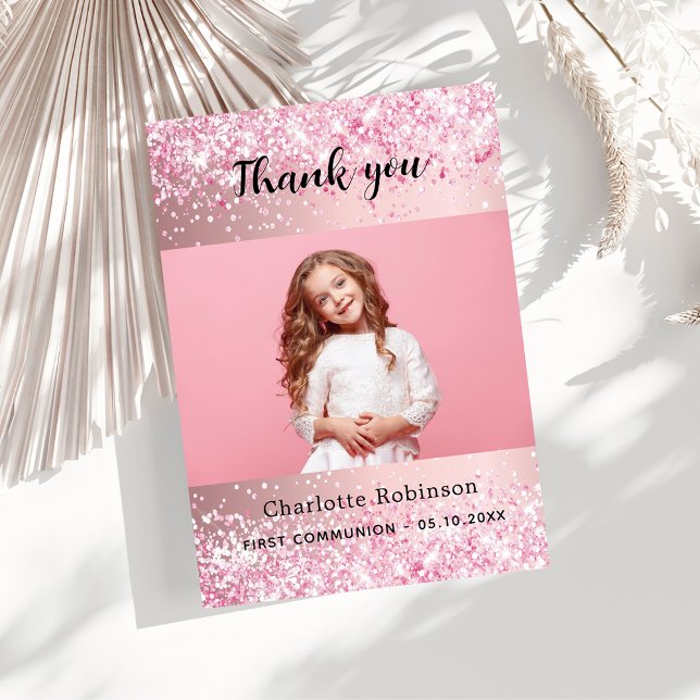 Pink first communion girl photo thank you card (Creator Uploaded)