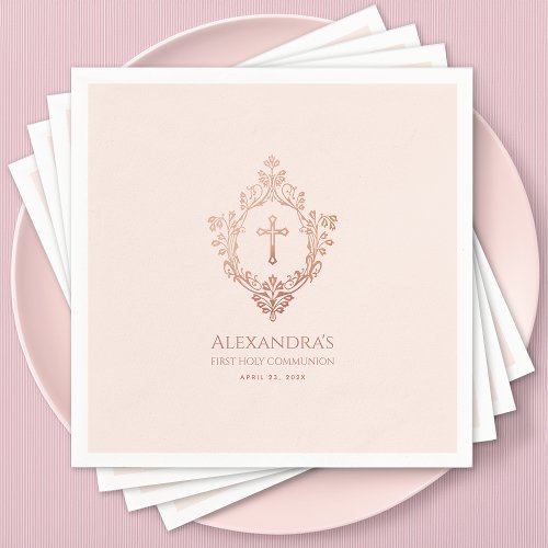 Pink First Communion Girl Rose Gold Crest Elegant