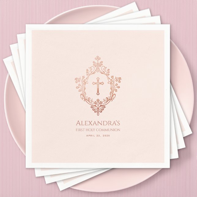 Pink First Communion Girl Rose Gold Crest Elegant Napkins (Creator Uploaded)