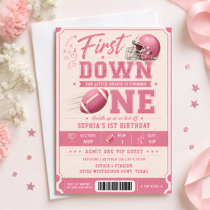Pink First Down One Football 1st Birthday Invitation