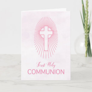 Pink First Holy Communion Cross Host Rays Card