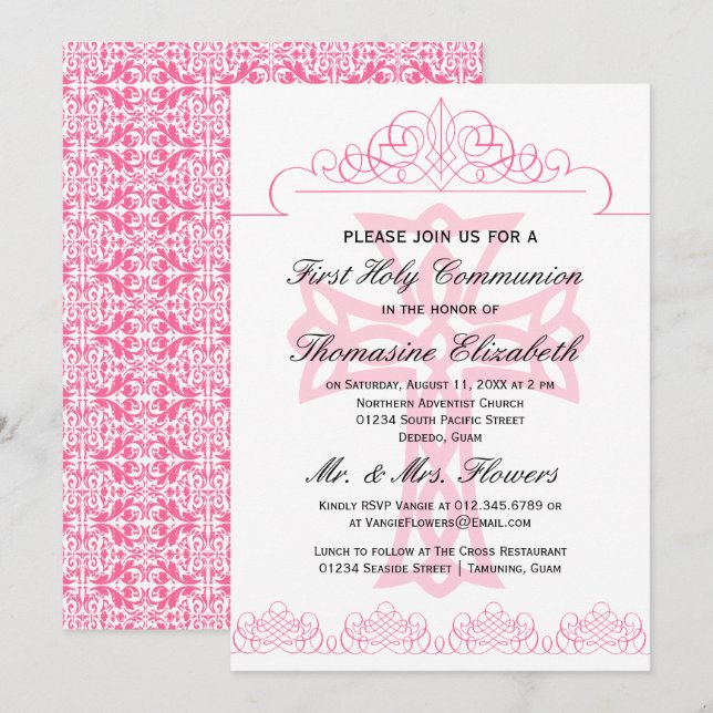 Pink First Holy Communion Cross Invitations (Front/Back)